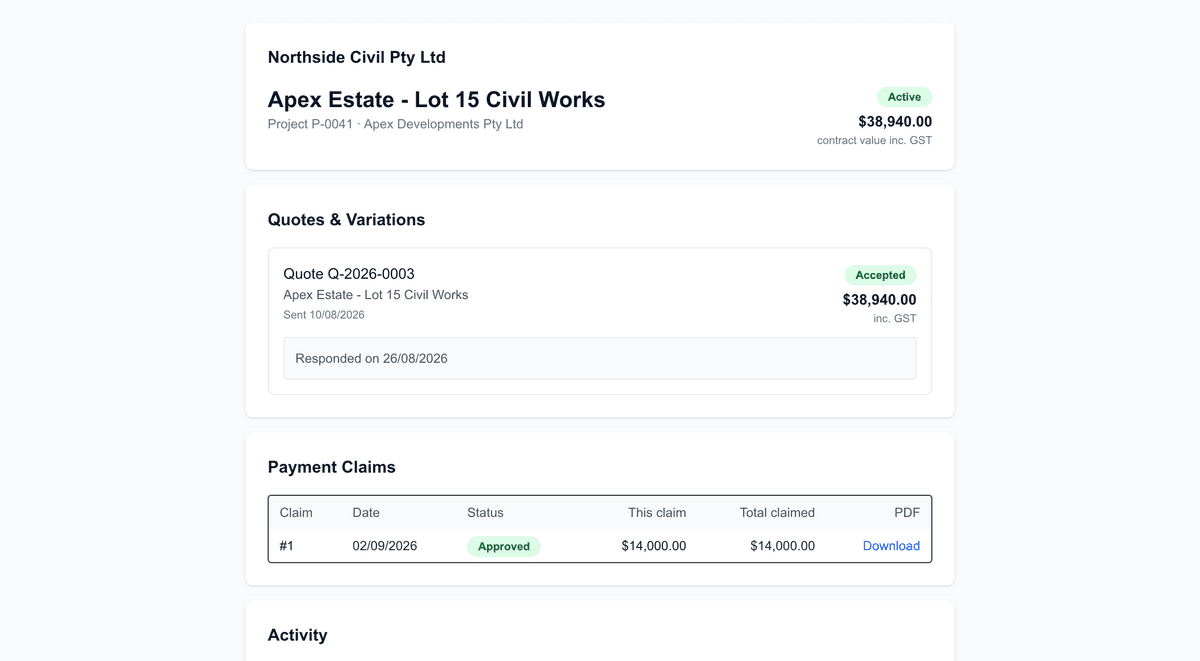 Costie client portal where a contractor’s own client sees the accepted quote, payment claims and project activity