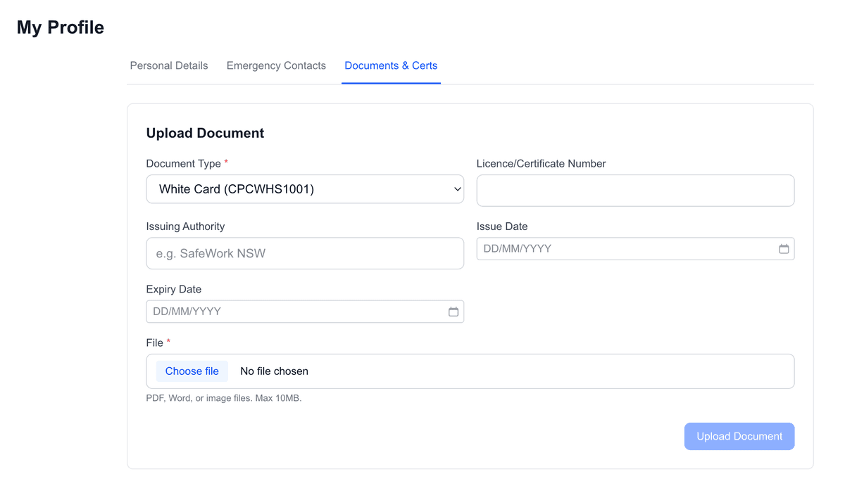 Costie document upload form for white cards, licences, and certificates