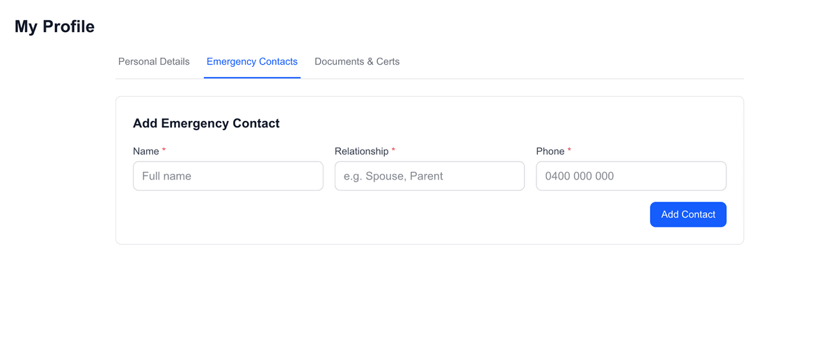 Costie employee emergency contacts form with name, relationship, and phone fields