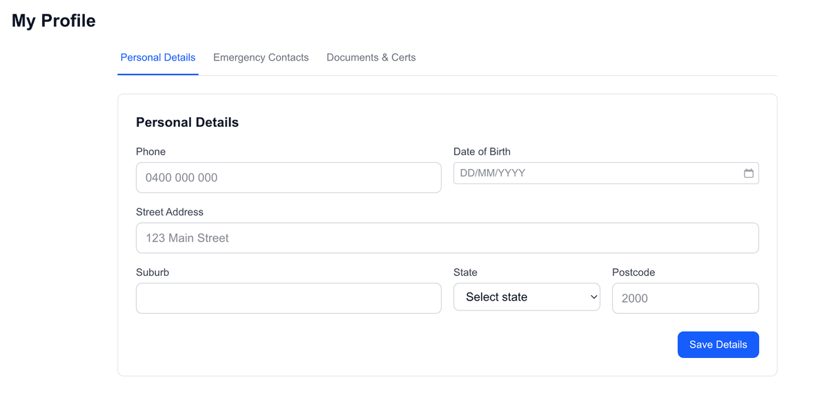 Costie employee profile with personal details, emergency contacts, and document uploads