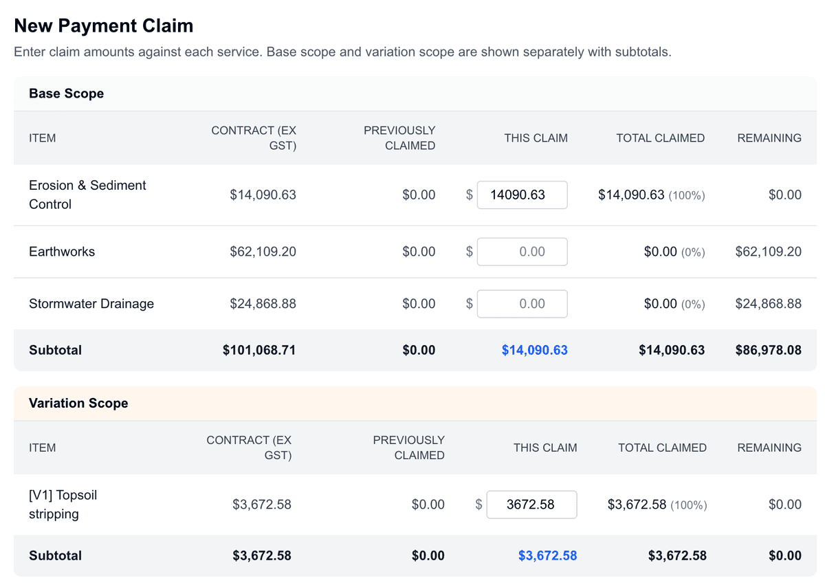 Costie new payment claim form with editable claim amounts for base and variation scope
