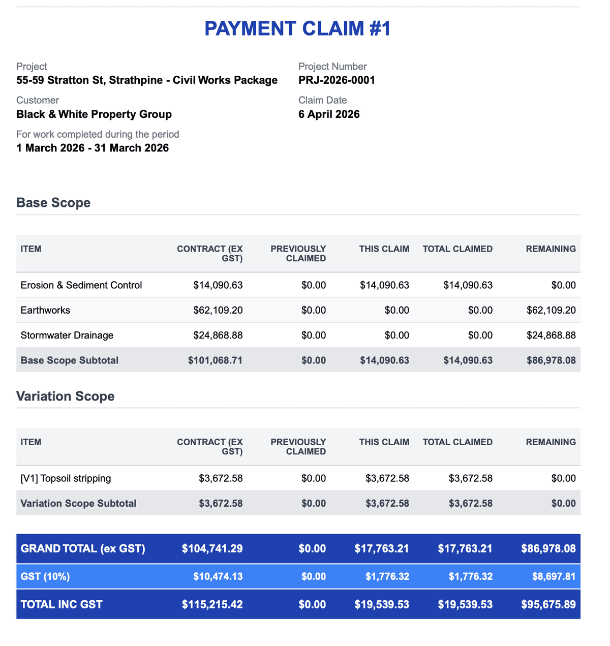 Costie payment claim PDF with base scope, variation scope, GST calculations, and totals