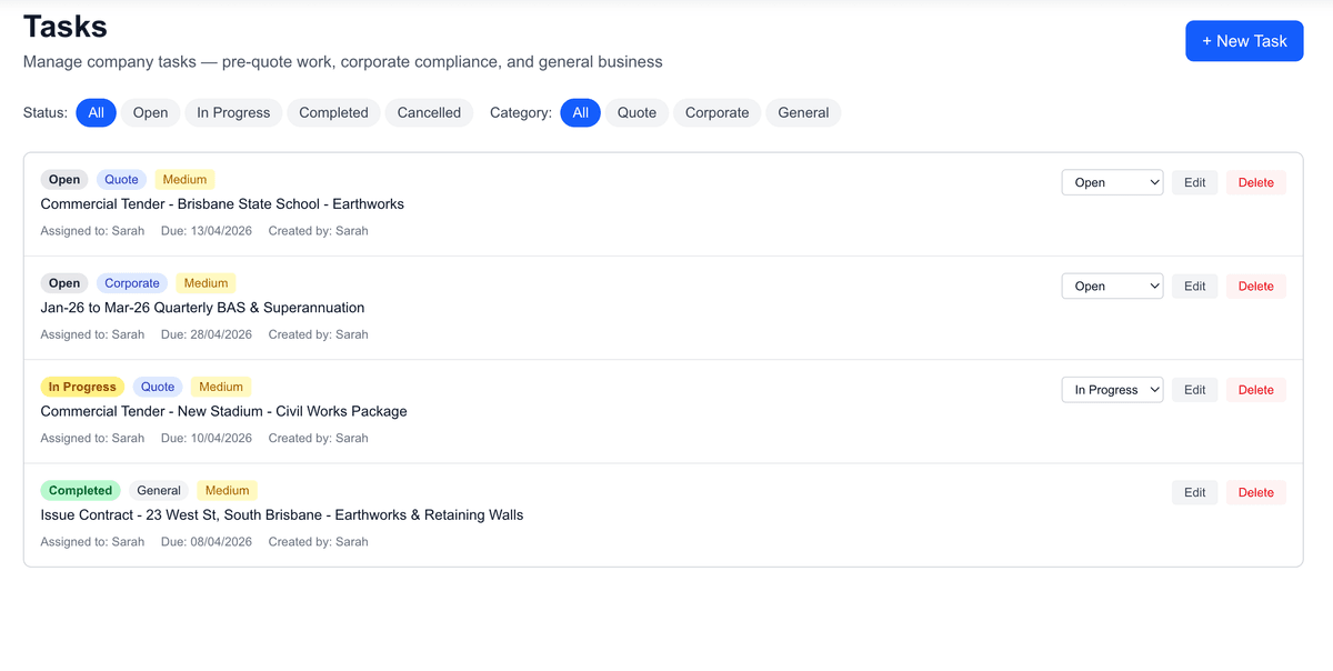 Costie task register showing open, in progress, and completed tasks across projects