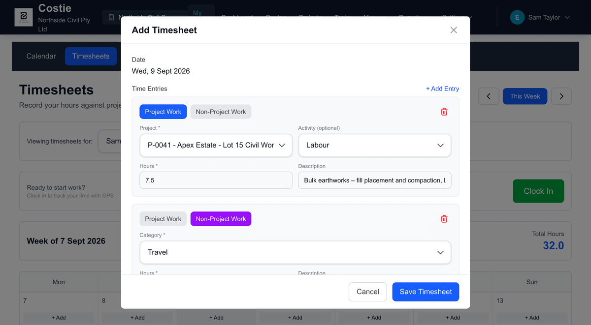 Costie timesheet entry recording an operator’s hours against a project activity, with GPS clock-in and site notes